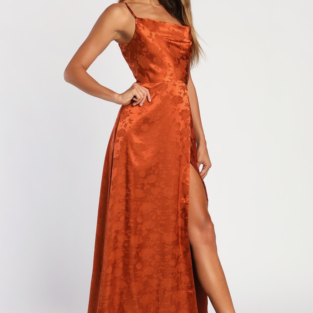 Lulus Rust Orange satin floral bridesmaid dress